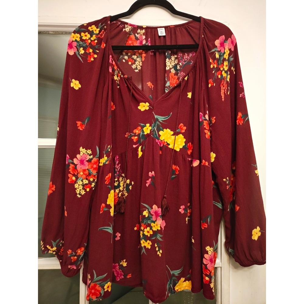 Old Navy Plus 3XL Burgundy Floral Rayon Tunic Blouse V-Neck Tassel L/S